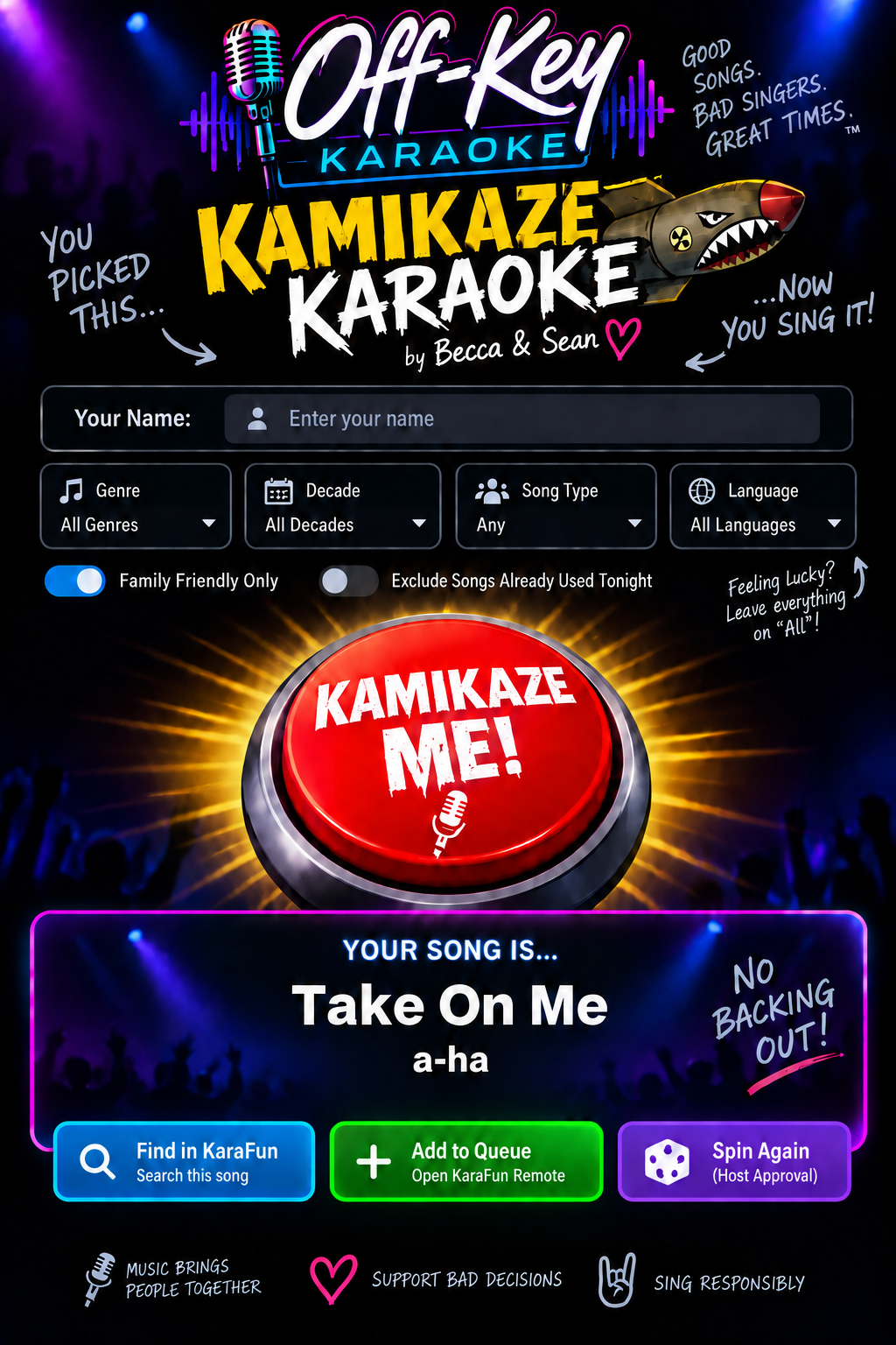 Off-Key Kamikaze Karaoke — You picked this, now you sing it